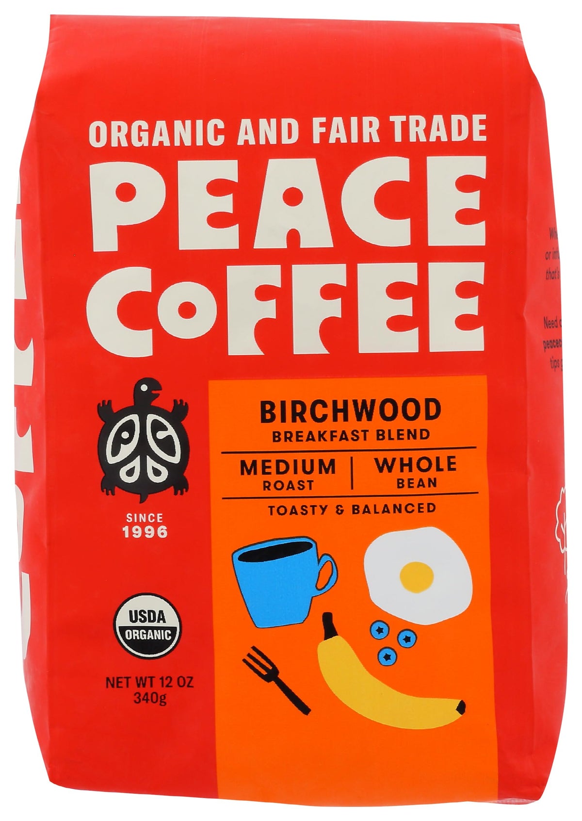 Peace Coffee empaque frontal mostrando 12 oz y beneficios orgánicos