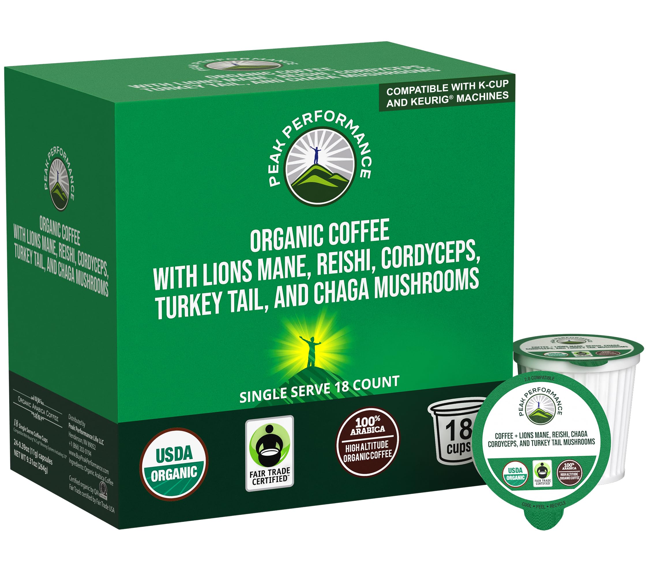 Peak Performance frontal de la caja mostrando sello USDA Organic y beneficio sostenible