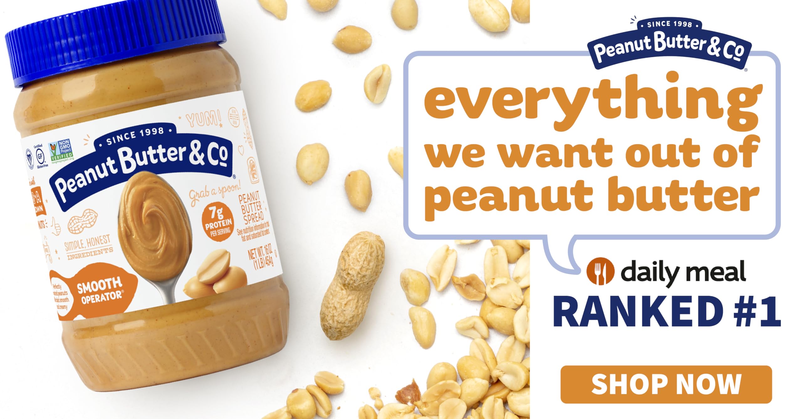 Peanut Butter & Co. frasco en mano mostrando escala y porción práctica