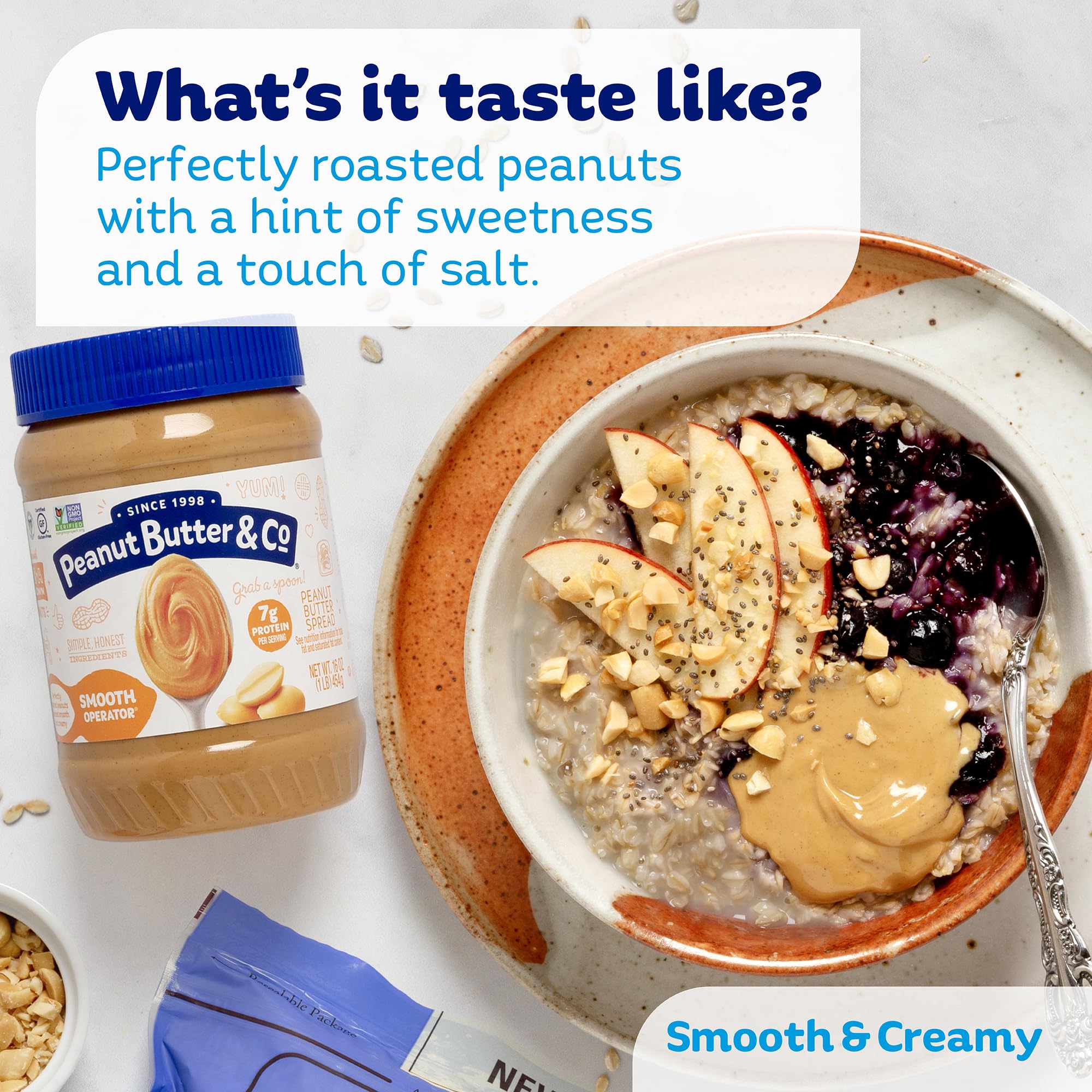 Peanut Butter & Co. frasco abierto con cuchara listo para consumir