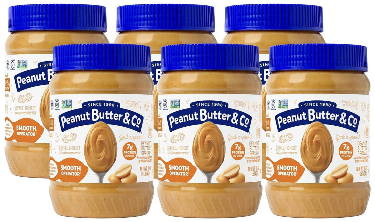 Peanut Butter & Co. frente del paquete de seis frascos mostrando presentación