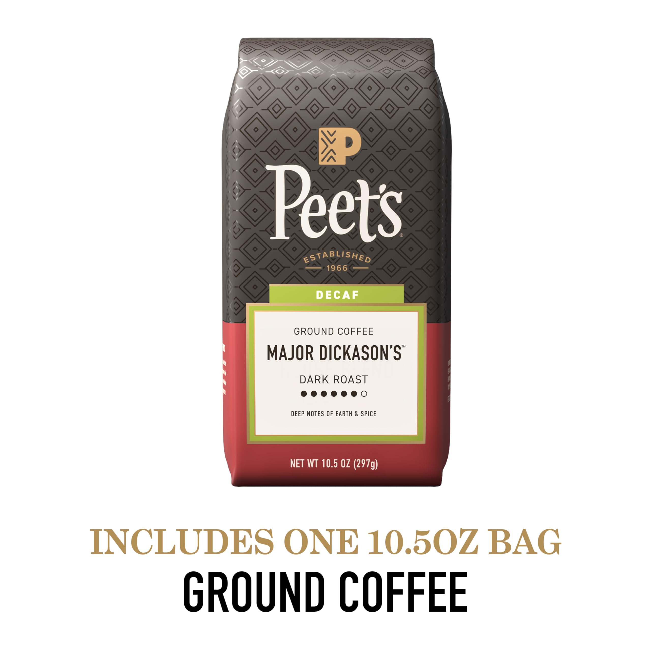 Peet's taza servida vista superior con crema ligera, promete aroma profundo y disfrute sin cafeína