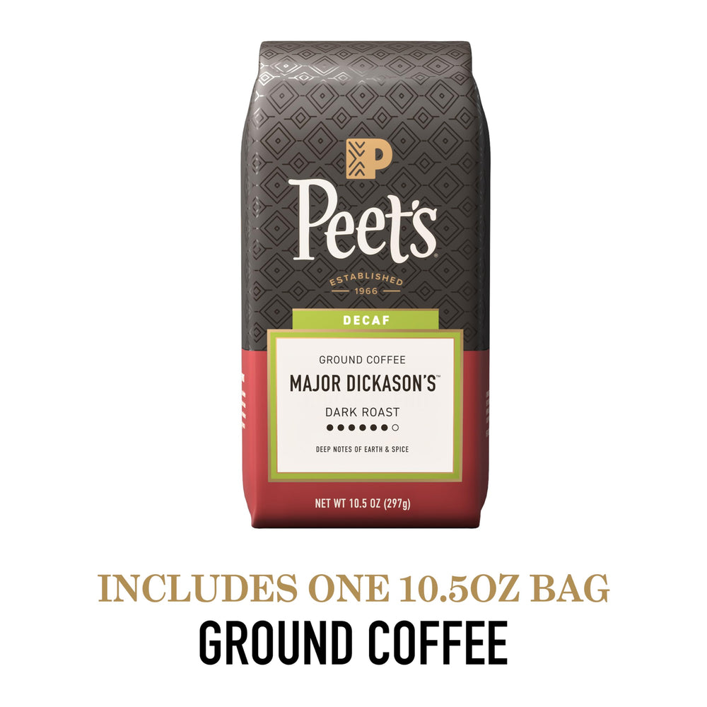 Peet's taza servida vista superior con crema ligera, promete aroma profundo y disfrute sin cafeína