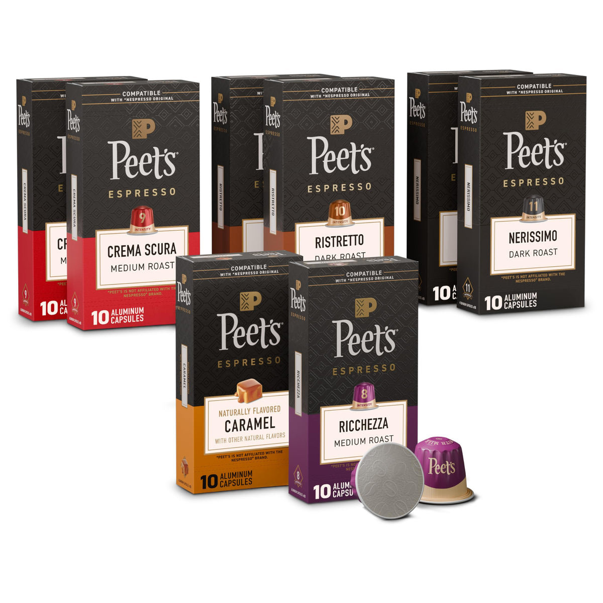 Peet's packaging frontal del pack de 80 cápsulas mostrando variedad