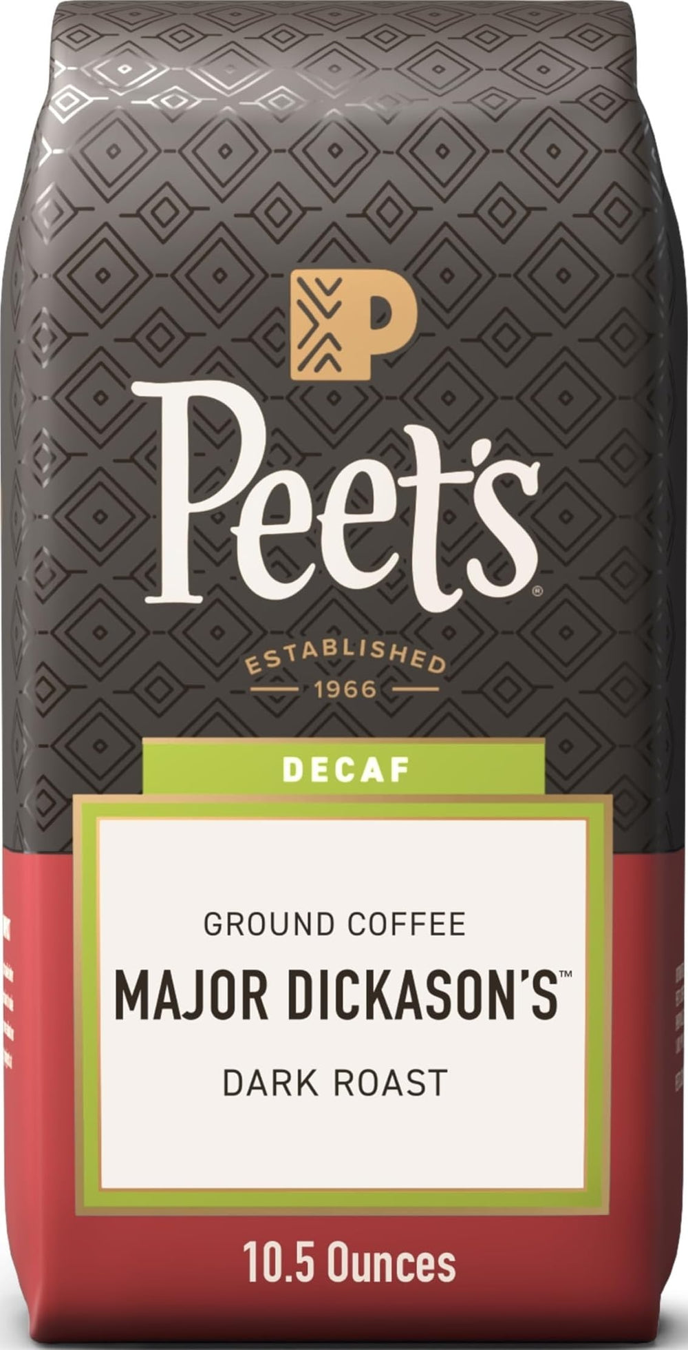 Peet's Coffee frente del paquete mostrando la marca y tamaño 10.5 oz, ofrece confianza de calidad