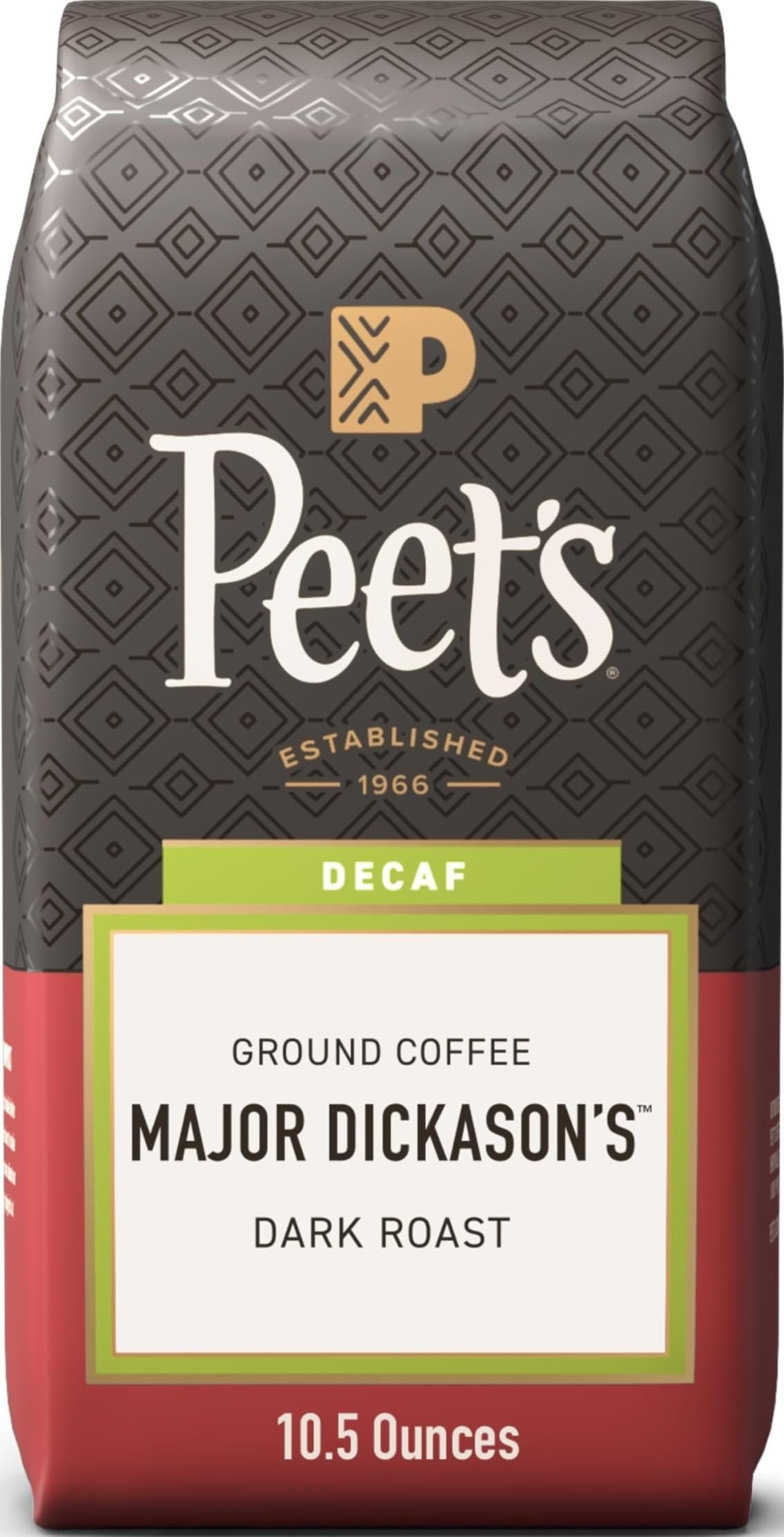 Peet's Coffee frente del paquete mostrando la marca y tamaño 10.5 oz, ofrece confianza de calidad