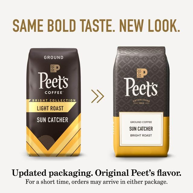 Peet's bolsa junto a una regla mostrando tamaño real