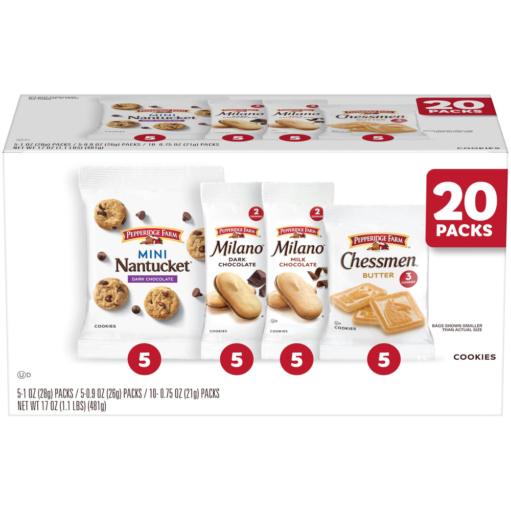 Pepperidge Farm frente de la caja con 20 snack packs, fácil de llevar