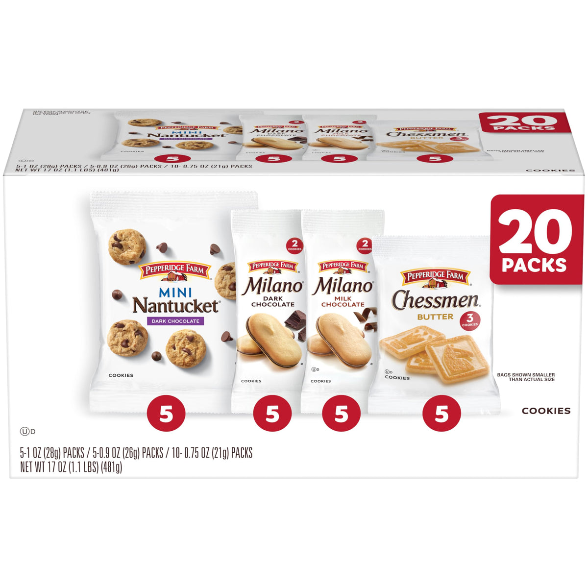 Pepperidge Farm frente de la caja con 20 snack packs, fácil de llevar