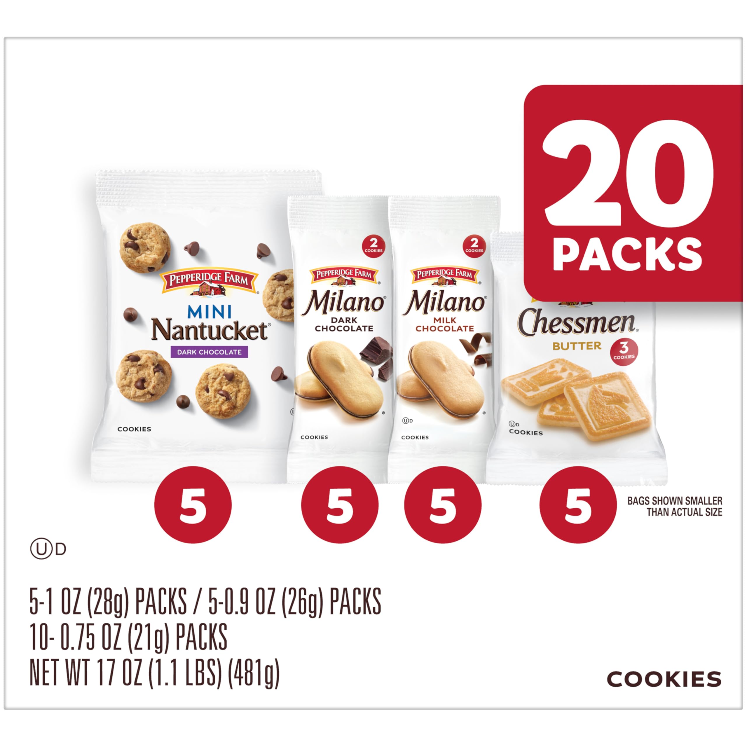 Pepperidge Farm comparación de tamaño de los cuatro sabores, ideal para planificar meriendas