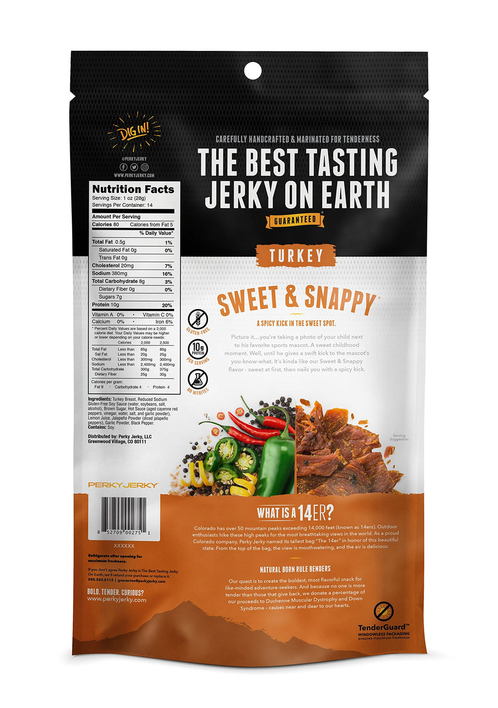 Perky Jerky bolsa resellable abierta manteniendo frescura y sabor
