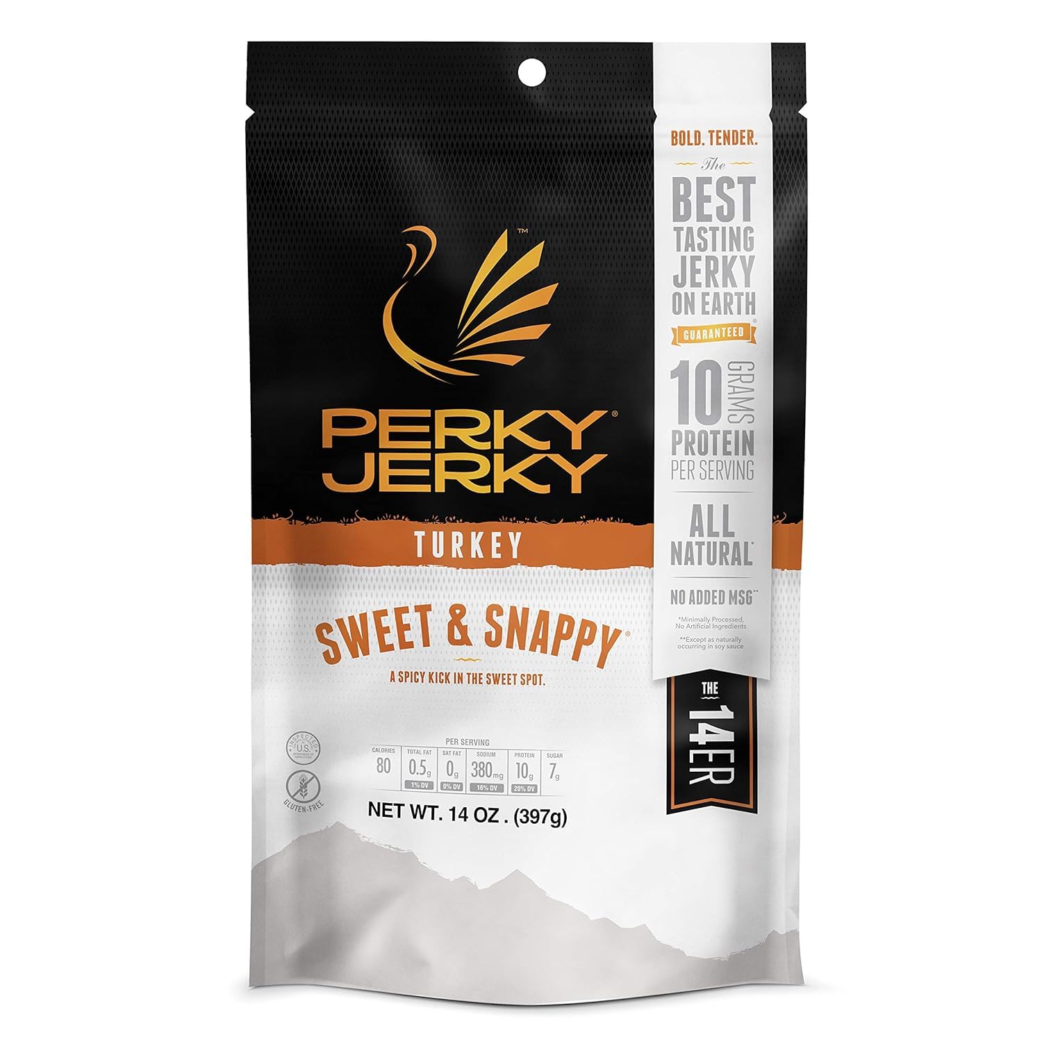 Perky Jerky empaque frontal mostrando bolsa resellable y sabor