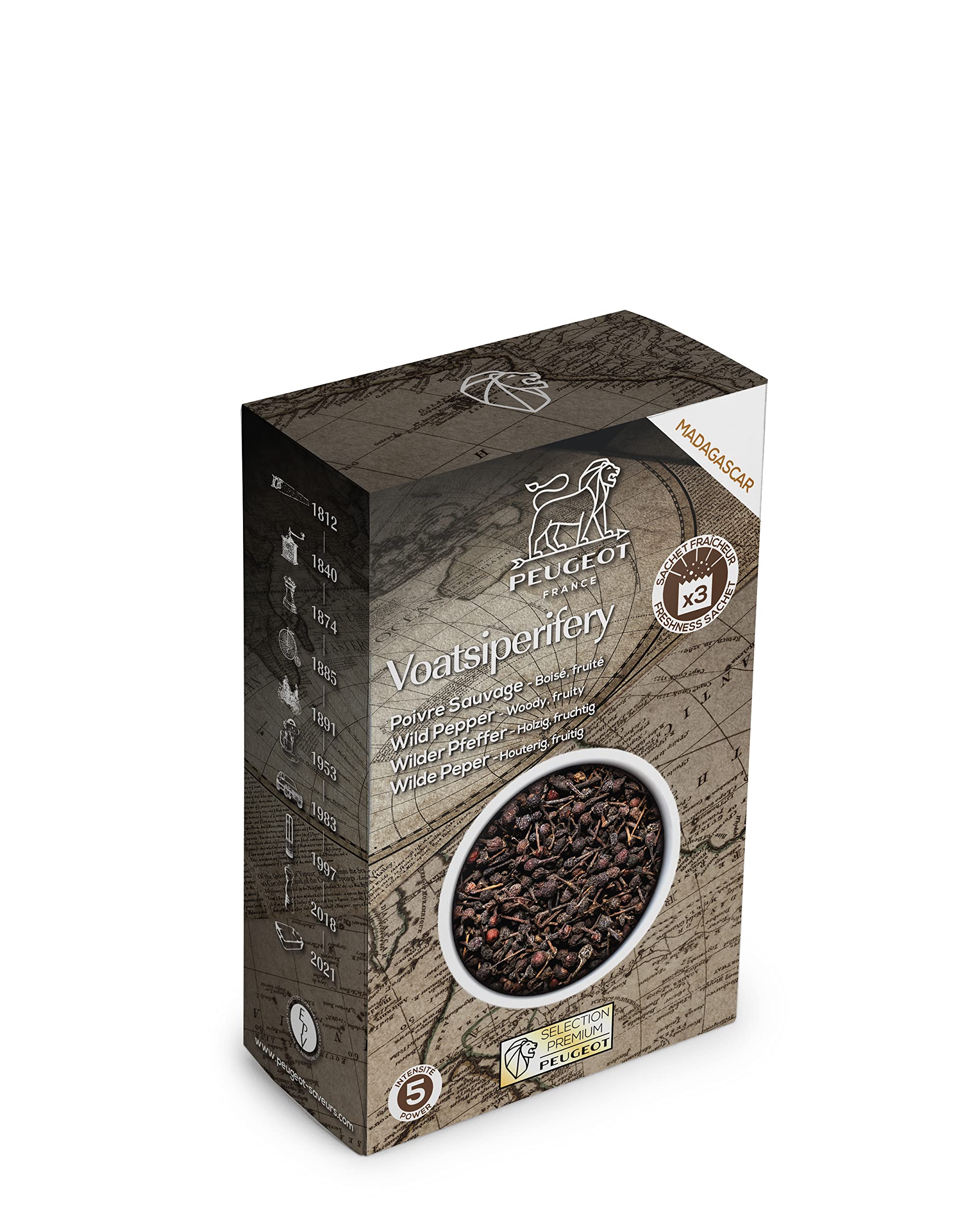 Peugeot voatsiperifery frente del empaque muestra sachets herméticos y marca, conserva aroma