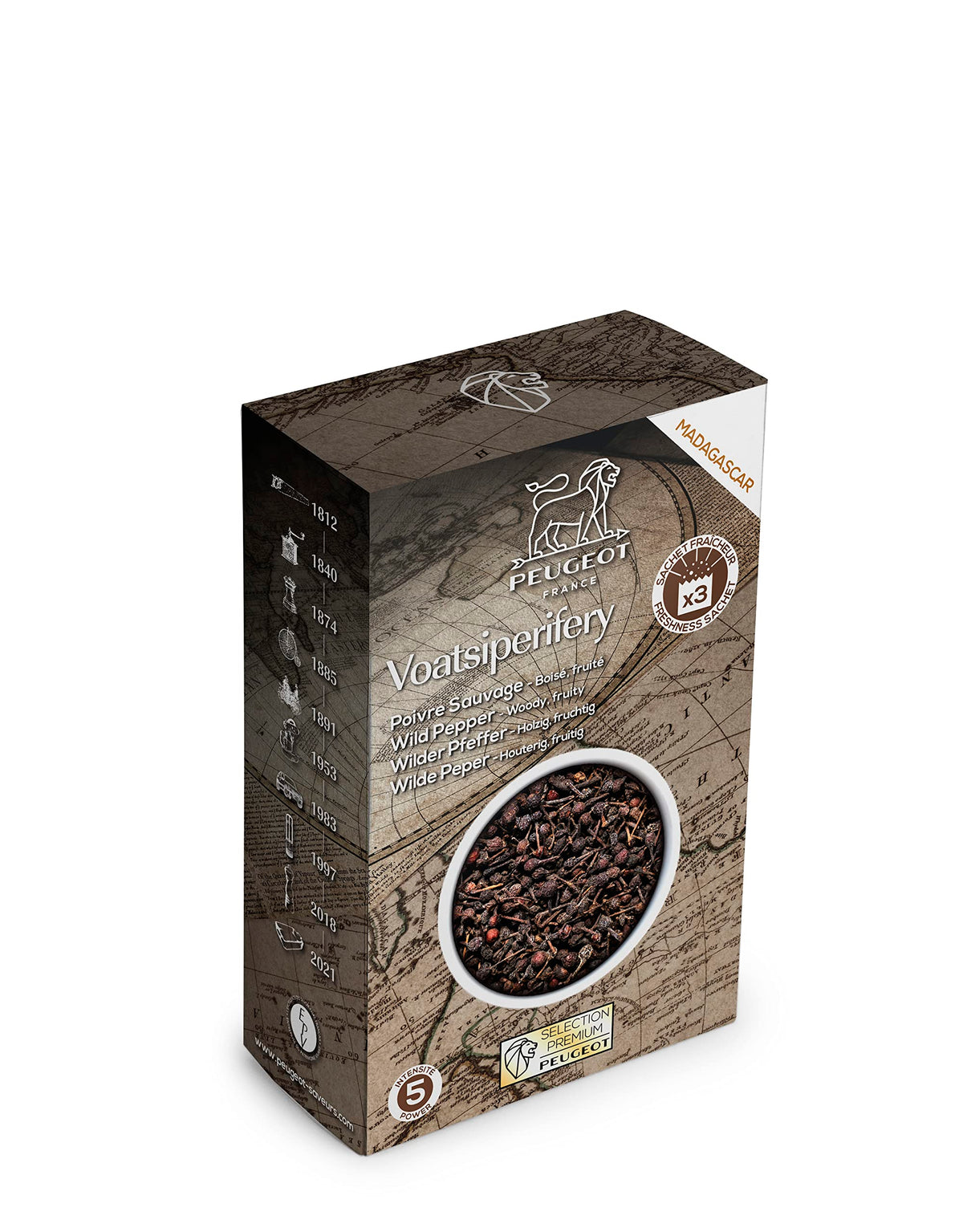 Peugeot voatsiperifery frente del empaque muestra sachets herméticos y marca, conserva aroma