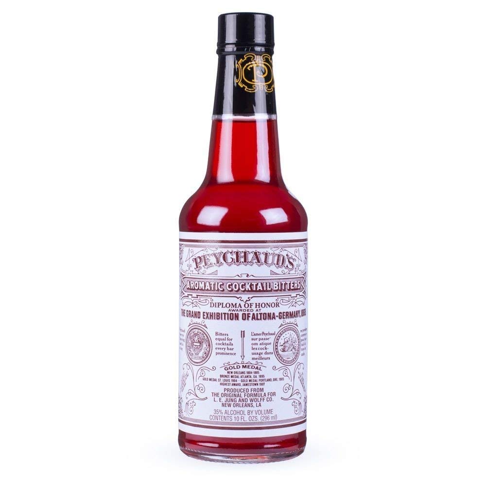 Peychaud's botella frontal 10 oz mostrando etiqueta clásica y beneficios aromáticos