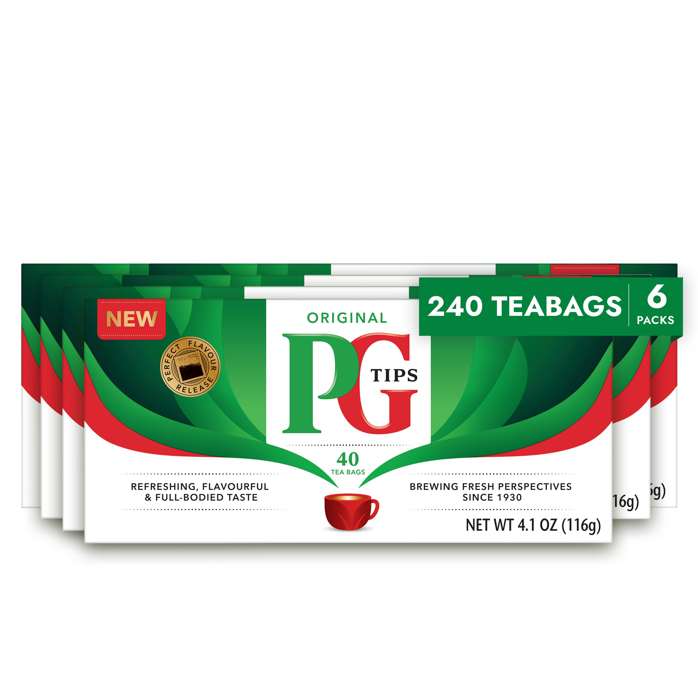 PG Tips frente del paquete mostrando cantidad y diseño reciclable