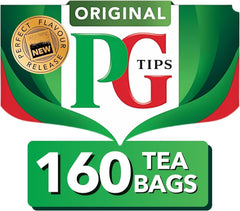PG Tips paquete frontal mostrando 160 bolsitas y conveniencia diaria