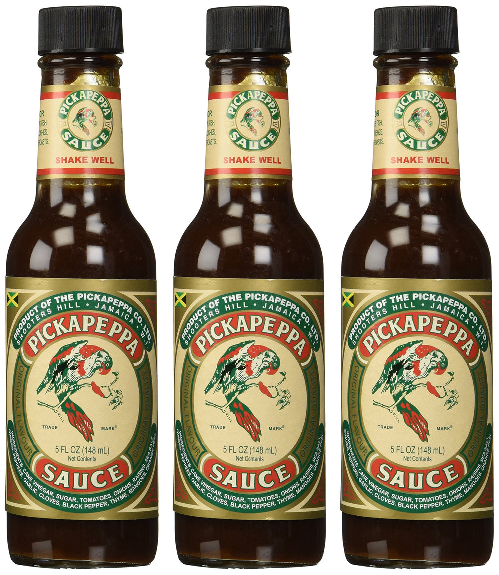 Pickapeppa botella frontal 5 oz mostrando etiqueta auténtica y conveniencia