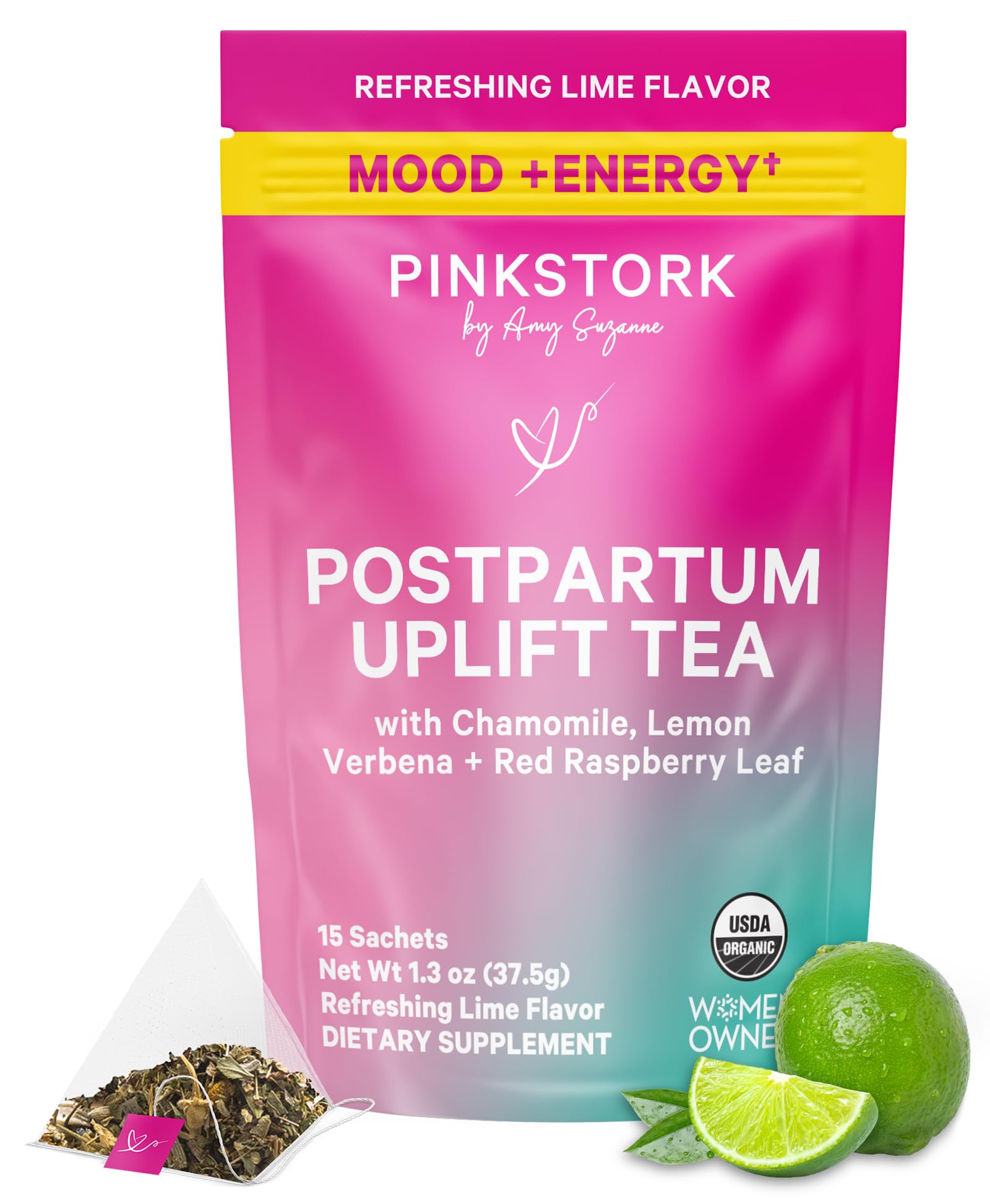 Pink Stork empaque frontal mostrando sachets y beneficios visibles