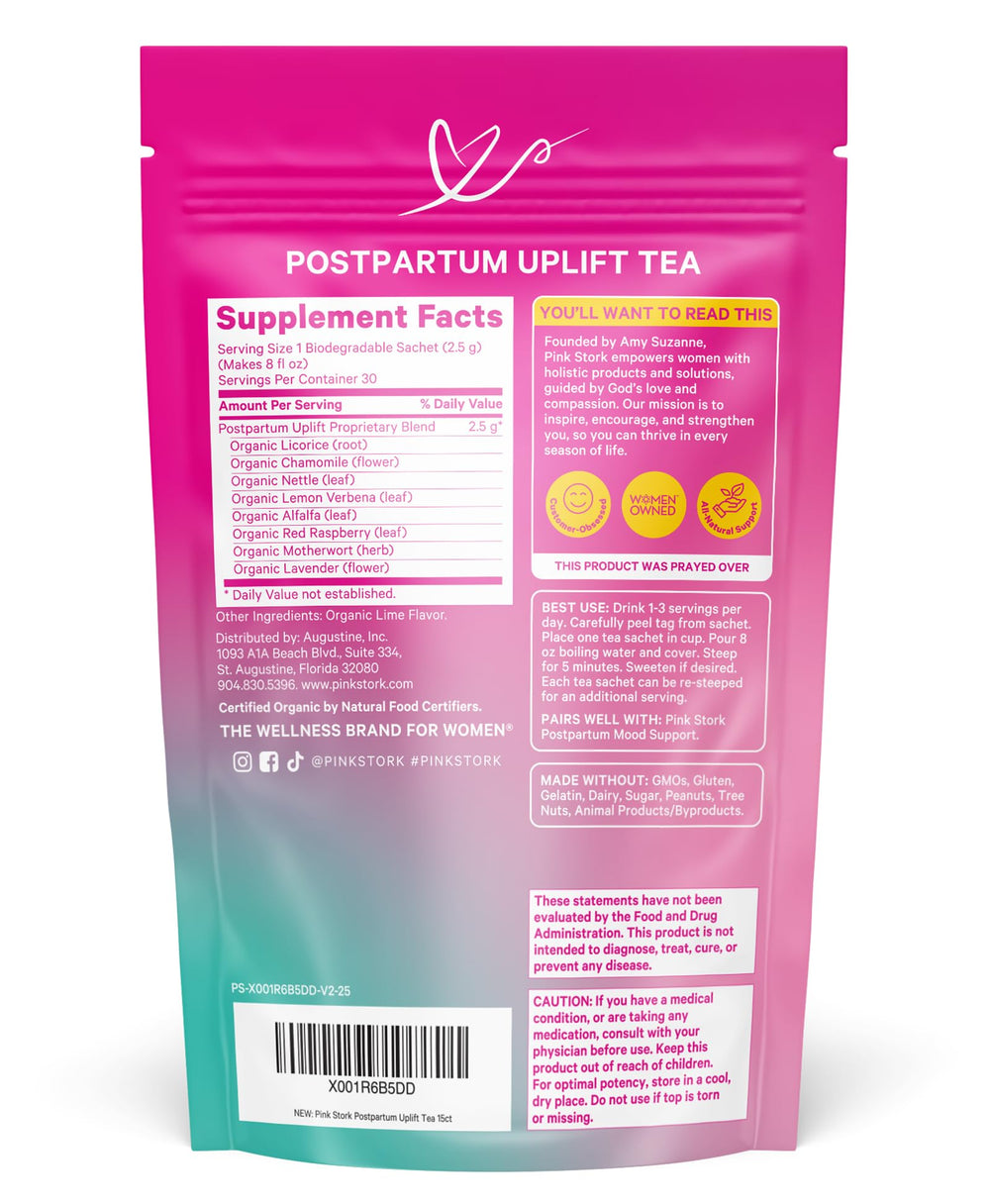 Pink Stork mamá con bebé disfrutando té y respaldando bienestar