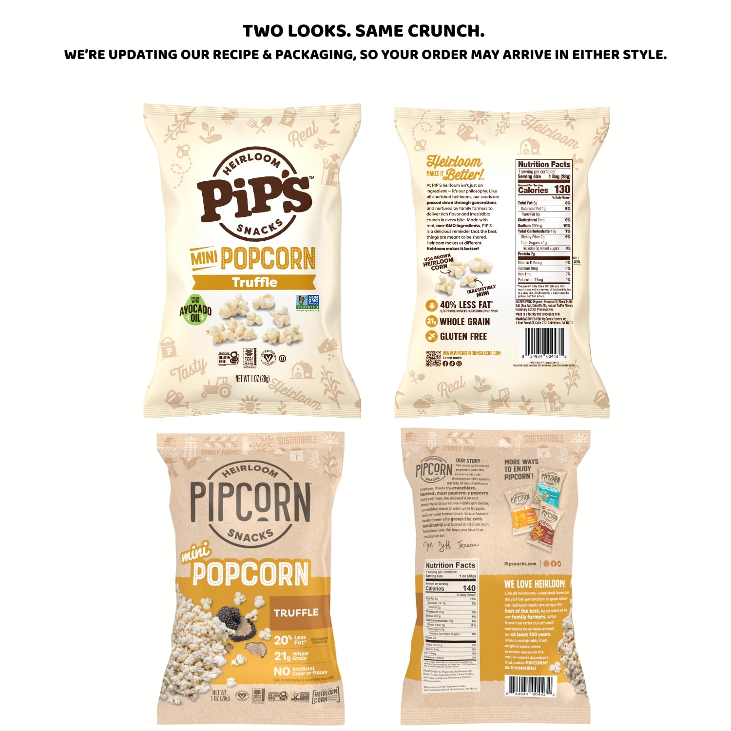 Pipcorn primer plano de textura crujiente que resalta maíz heirloom y frescura