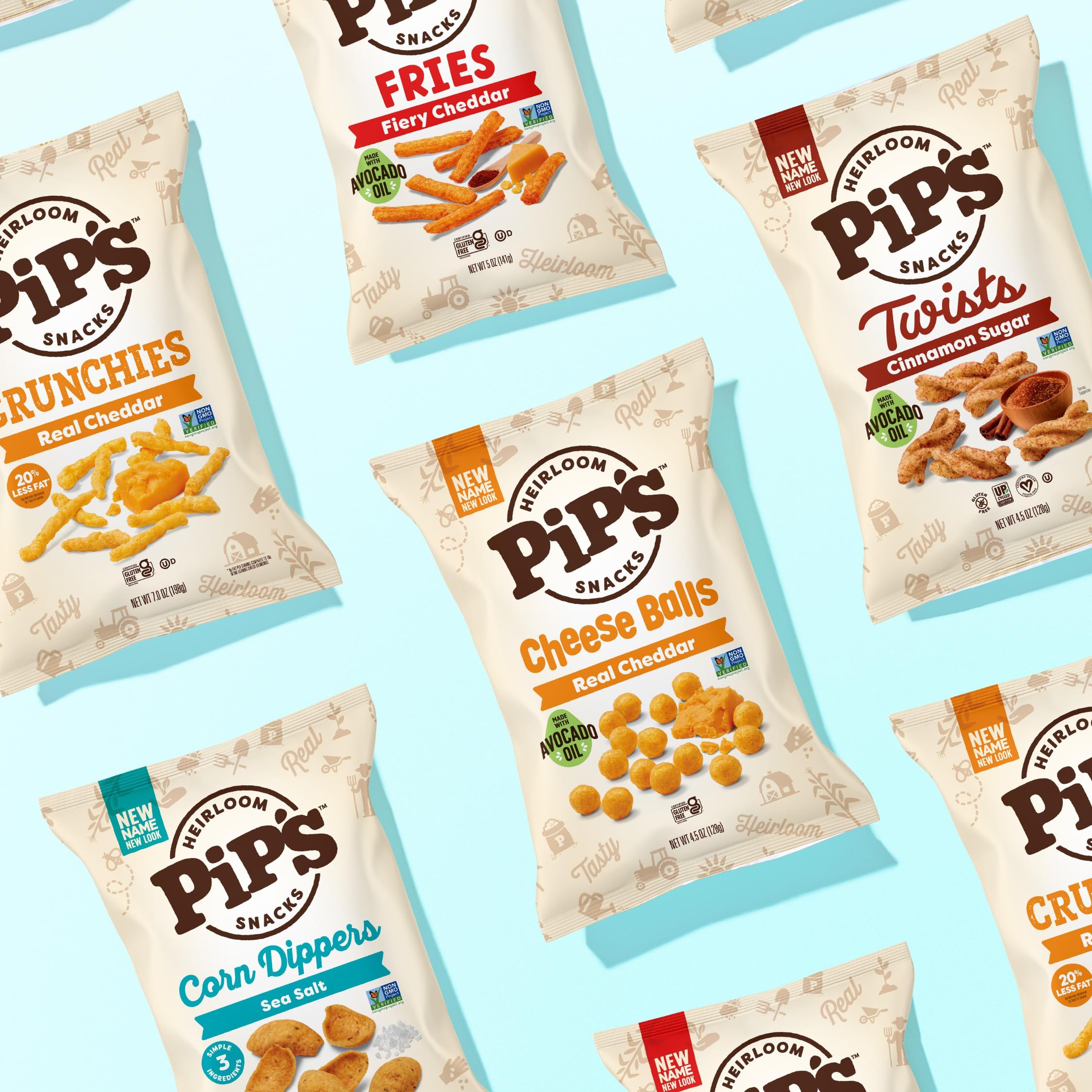 Pipcorn etiqueta con sellos Non-GMO, gluten free y certificaciones visibles