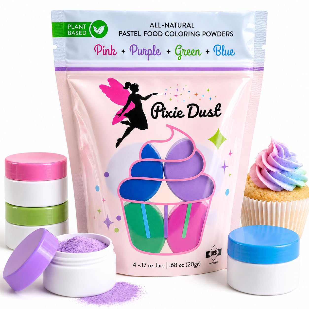 Pixie Dust frascos frontales mostrando los cuatro colores pastel y almacenamiento práctico