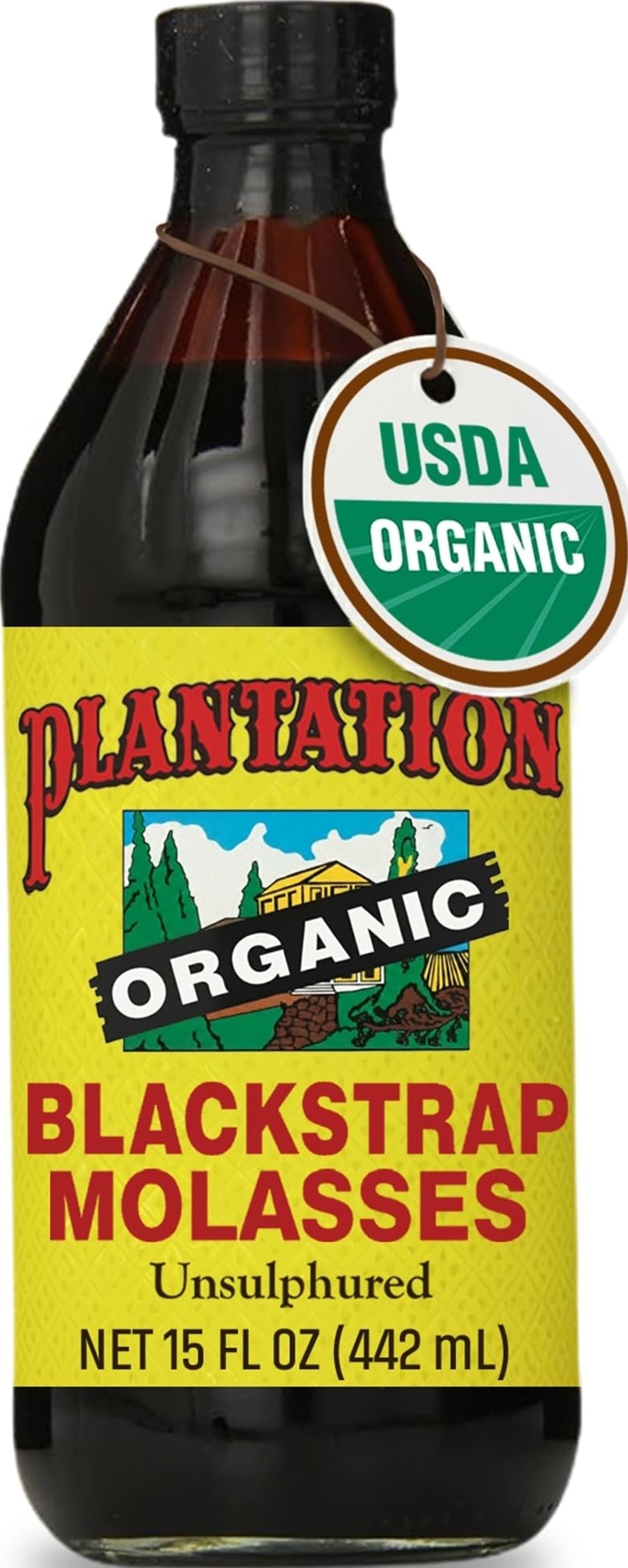 Plantation melaza frente del envase mostrando certificación orgánica y aspecto atractivo