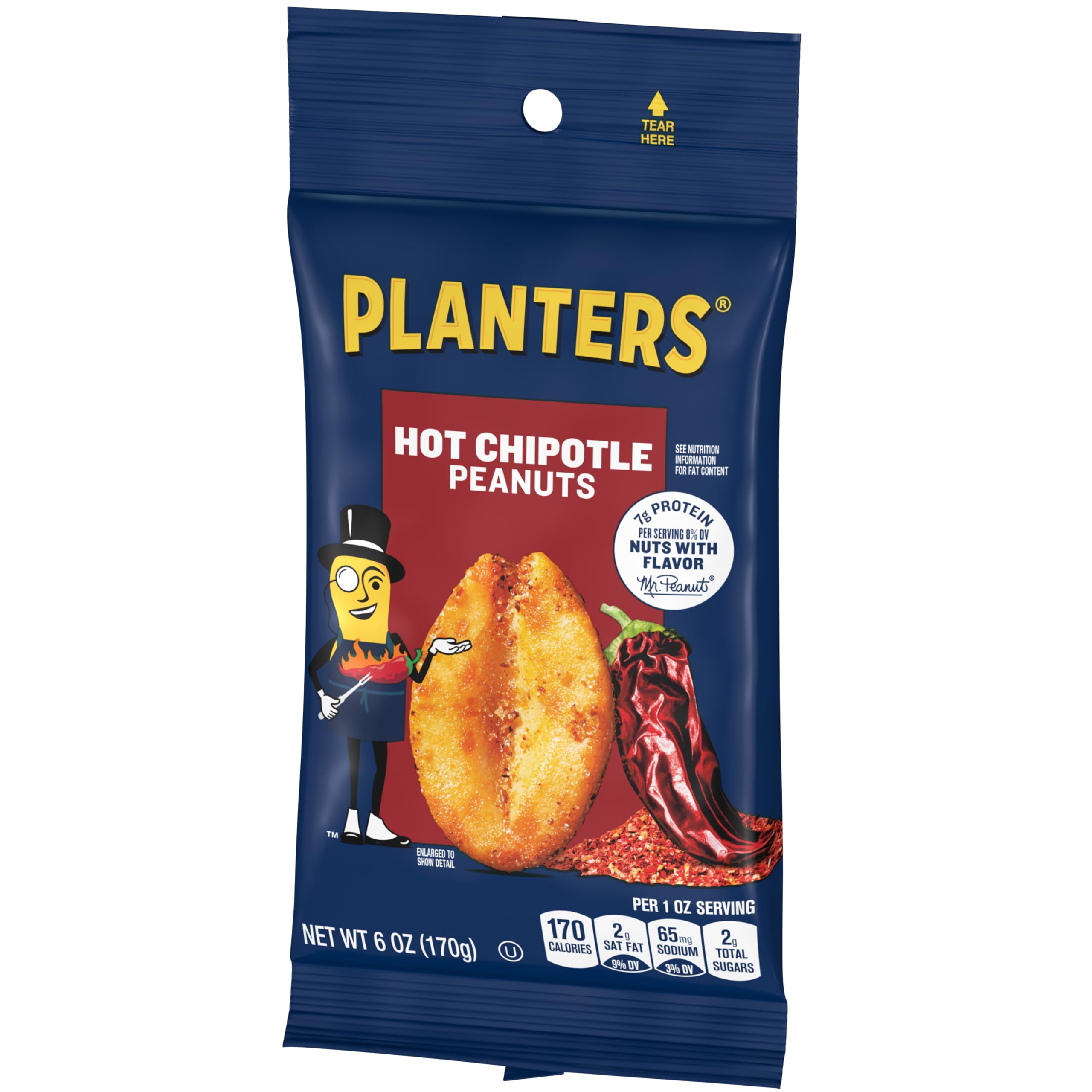 PLANTERS bolsa abierta en mano mostrando porción y escala para llevar