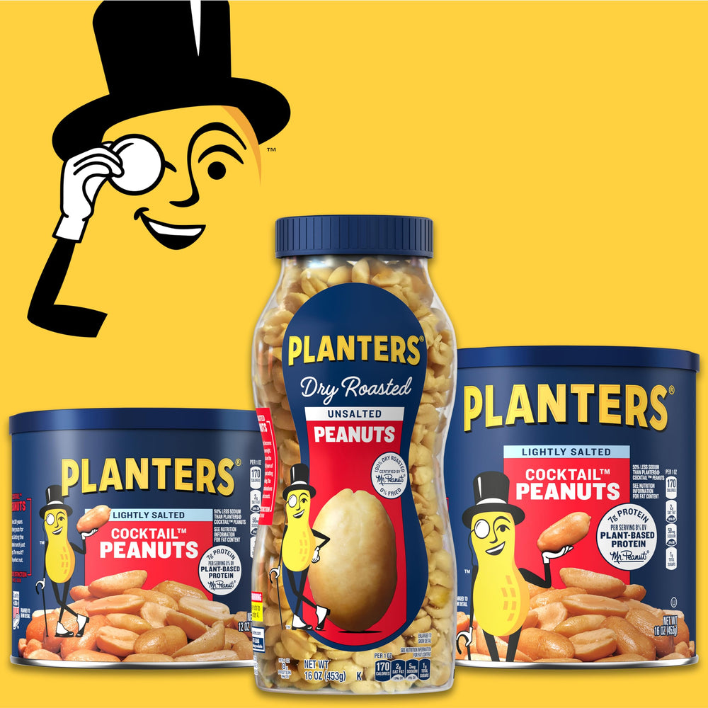 PLANTERS cacahuetes en mesa como botana saludable para reuniones