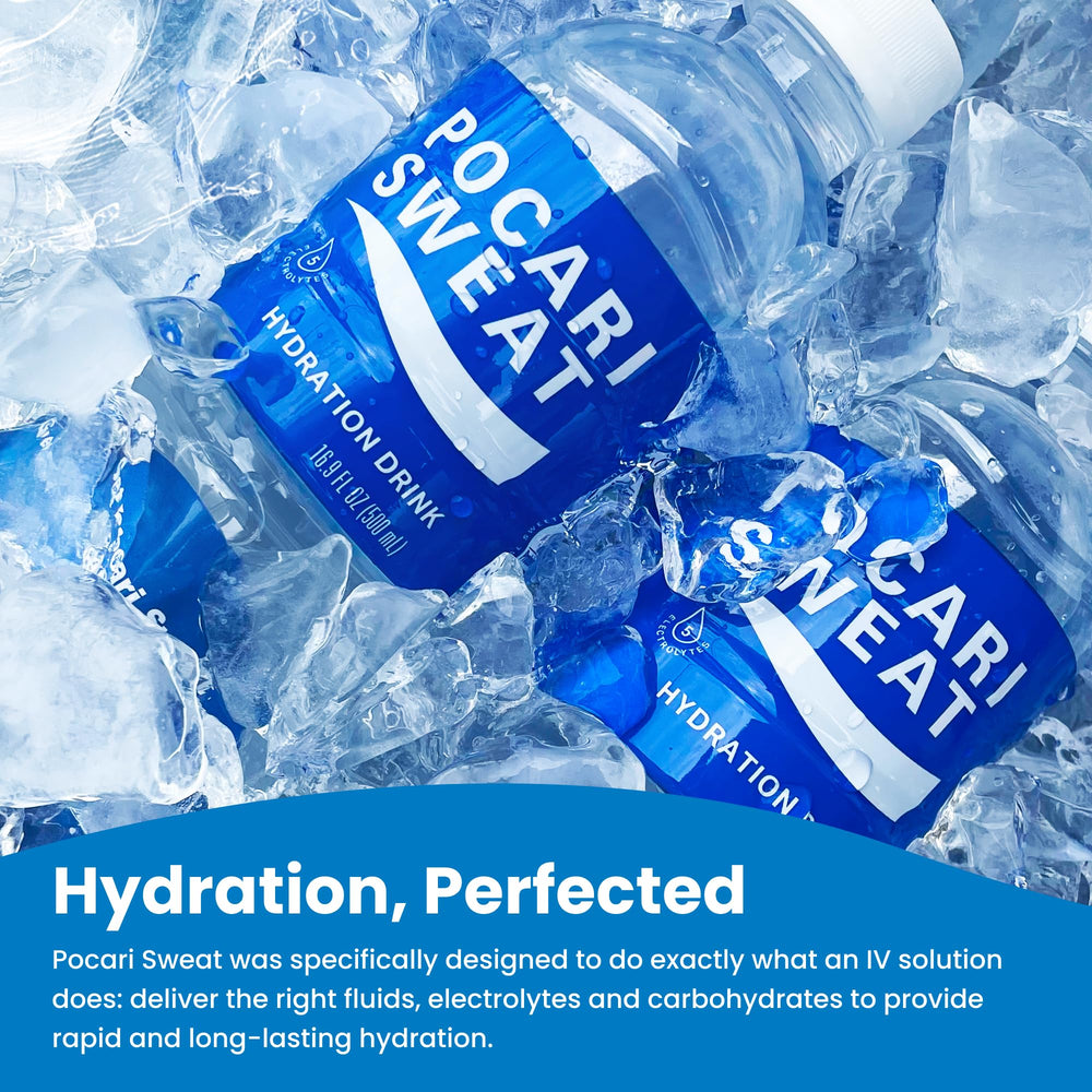 Pocari Sweat comparación de tamaño con botella de agua para referencia práctica