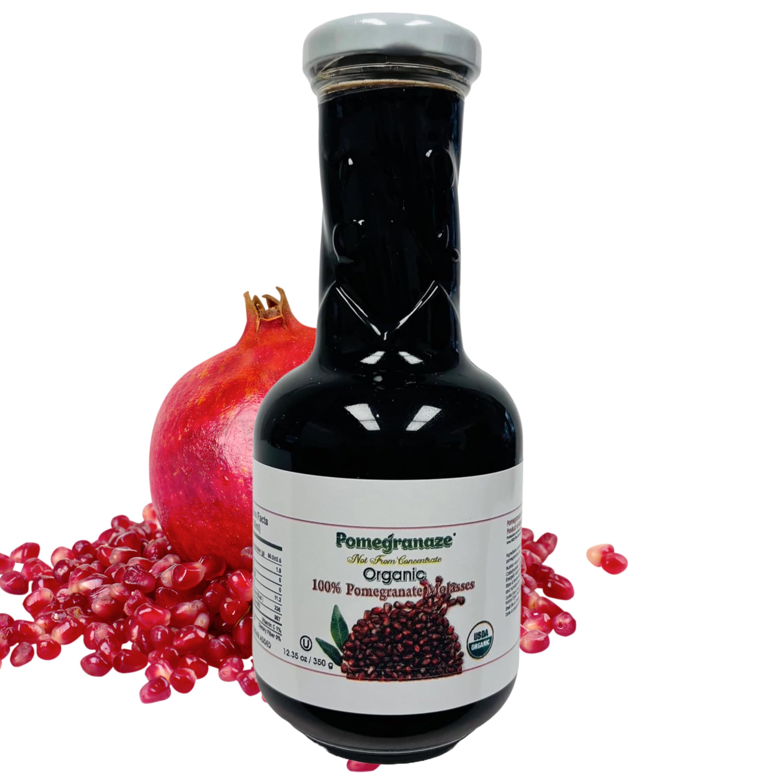 Pomegranaze botella frontal mostrando el jarabe orgánico y su color intenso