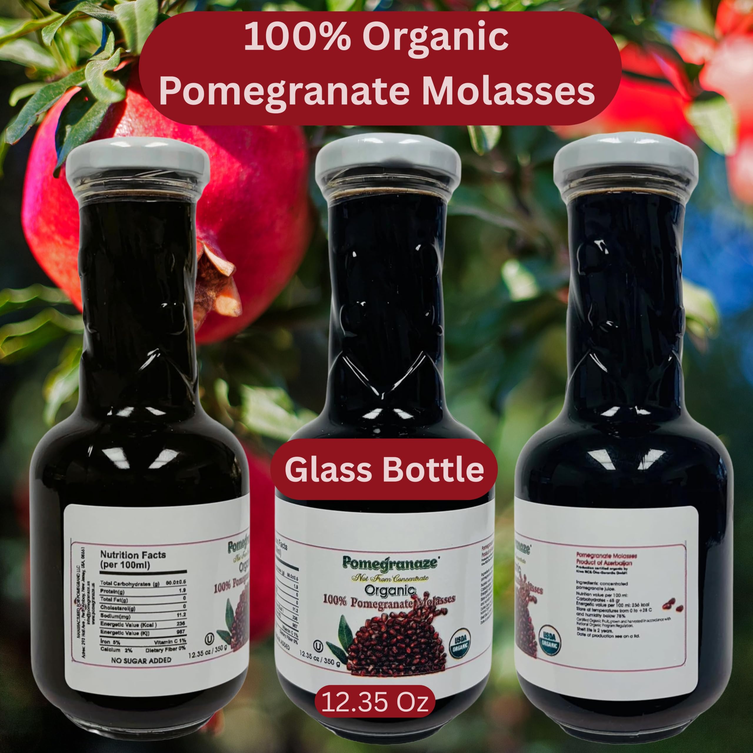 Pomegranaze botella de vidrio 12.35 oz que conserva sabor y frescura