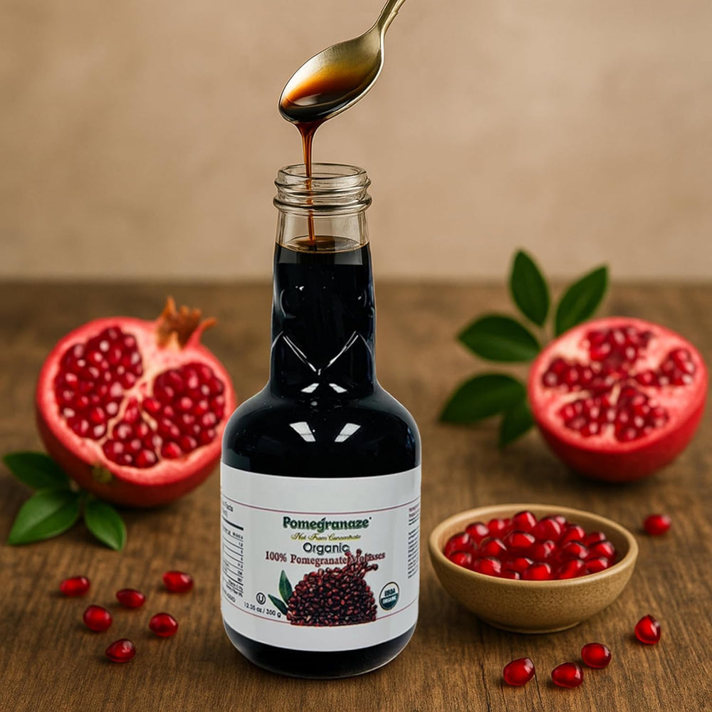 Pomegranaze etiqueta con certificaciones orgánica vegana y sin gluten