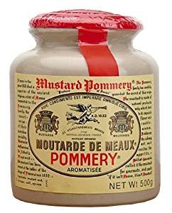 Pommery mostaza Meaux frasco de cerámica mostrando textura granulada y sabor auténtico