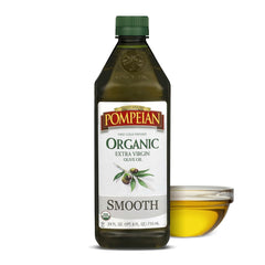 Pompeian frente de la botella mostrando marca y envase, garantía de calidad
