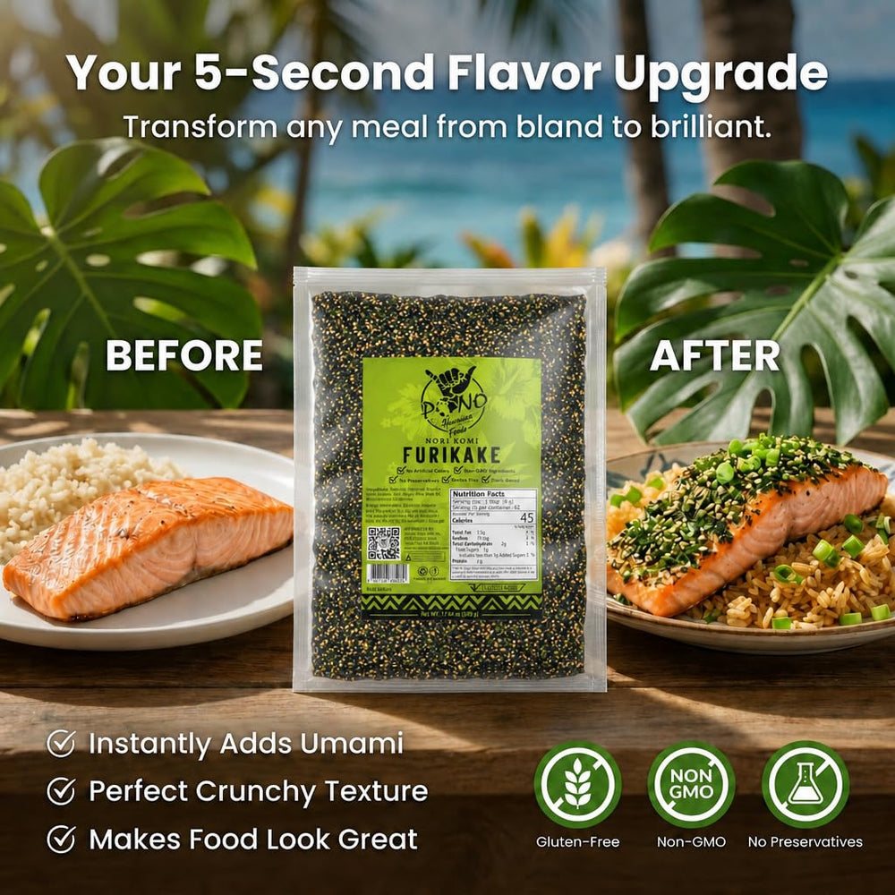 Pono Hawaiian primer plano de la textura de furikake con nori y sésamo crujiente