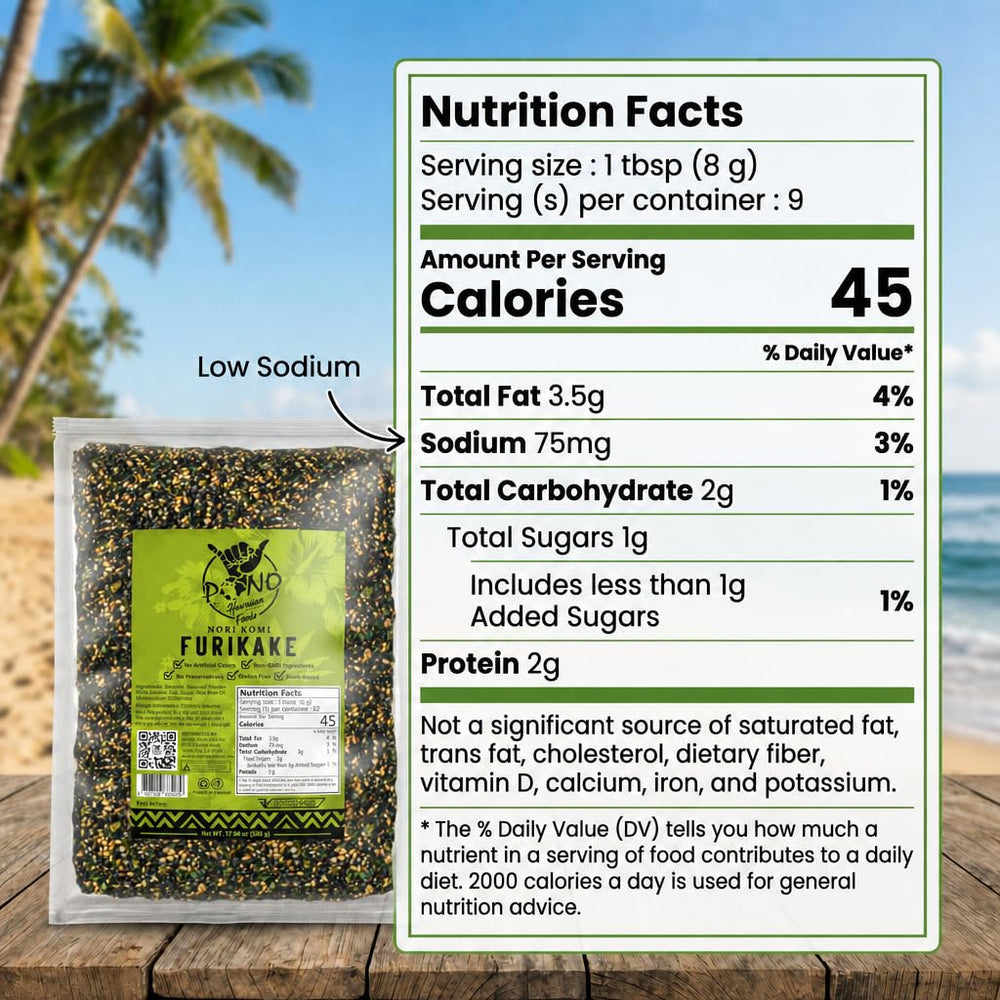 Pono Hawaiian Foods textura de furikake en primer plano con semillas y algas