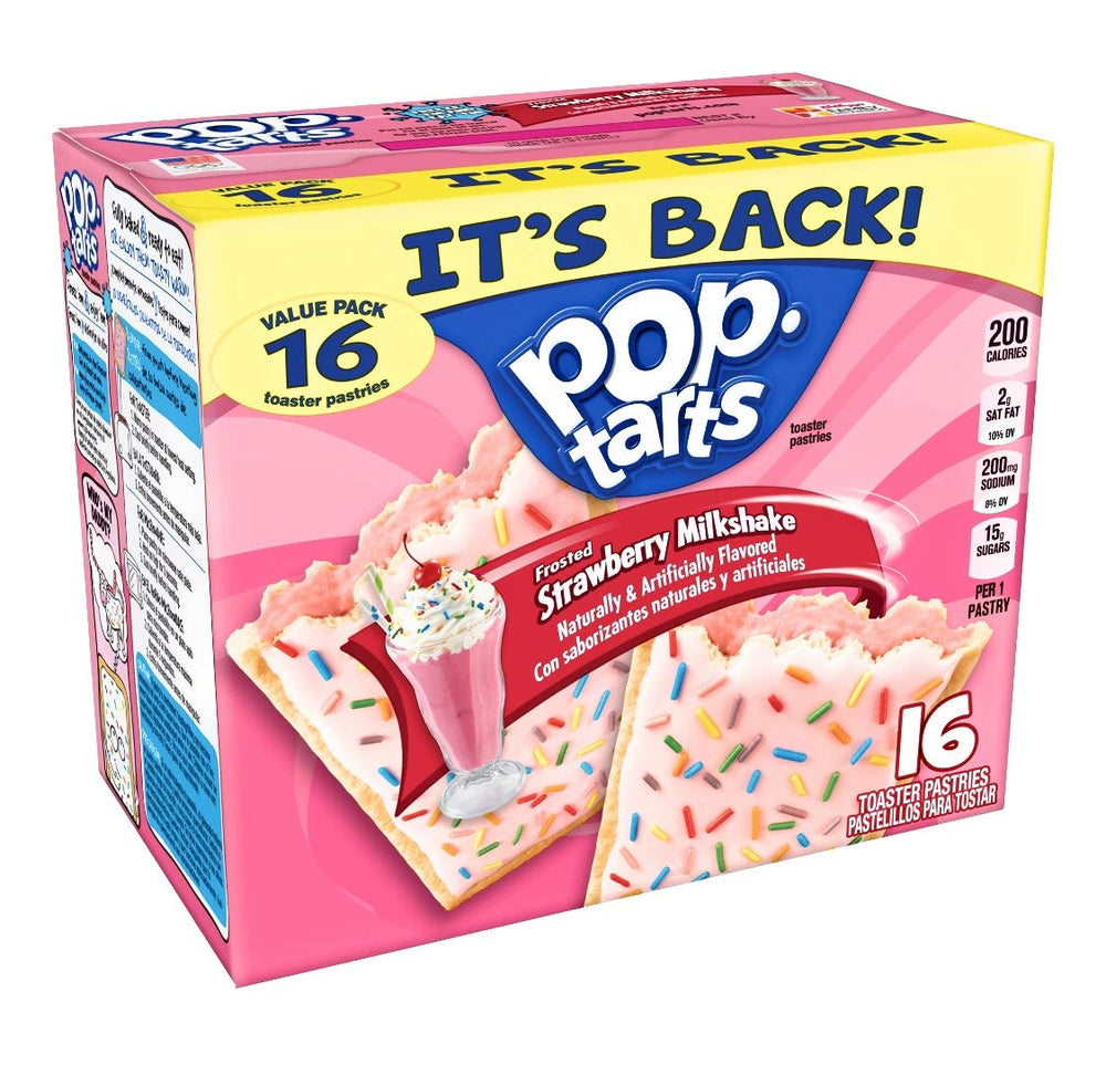 Pop-Tarts empaque frontal mostrando sabor Frosted Strawberry Milkshake y conveniencia