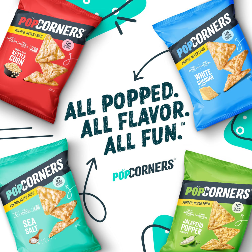 PopCorners comparación de tamaño con mano para escala, beneficio: control de ración