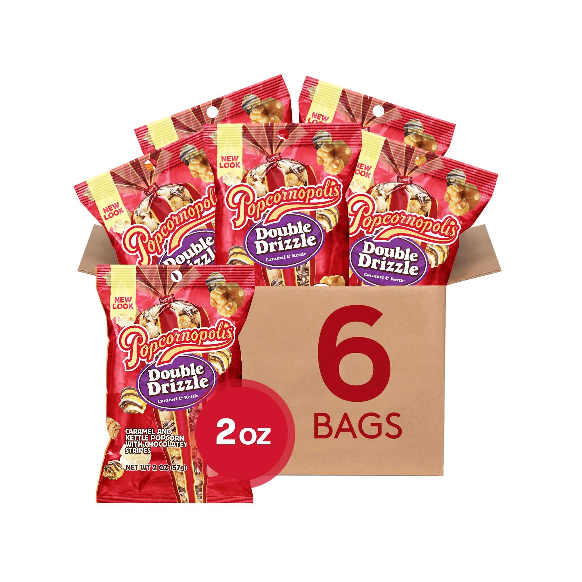 Popcornopolis empaque frontal mostrando doble drizzle y beneficio de snack gourmet