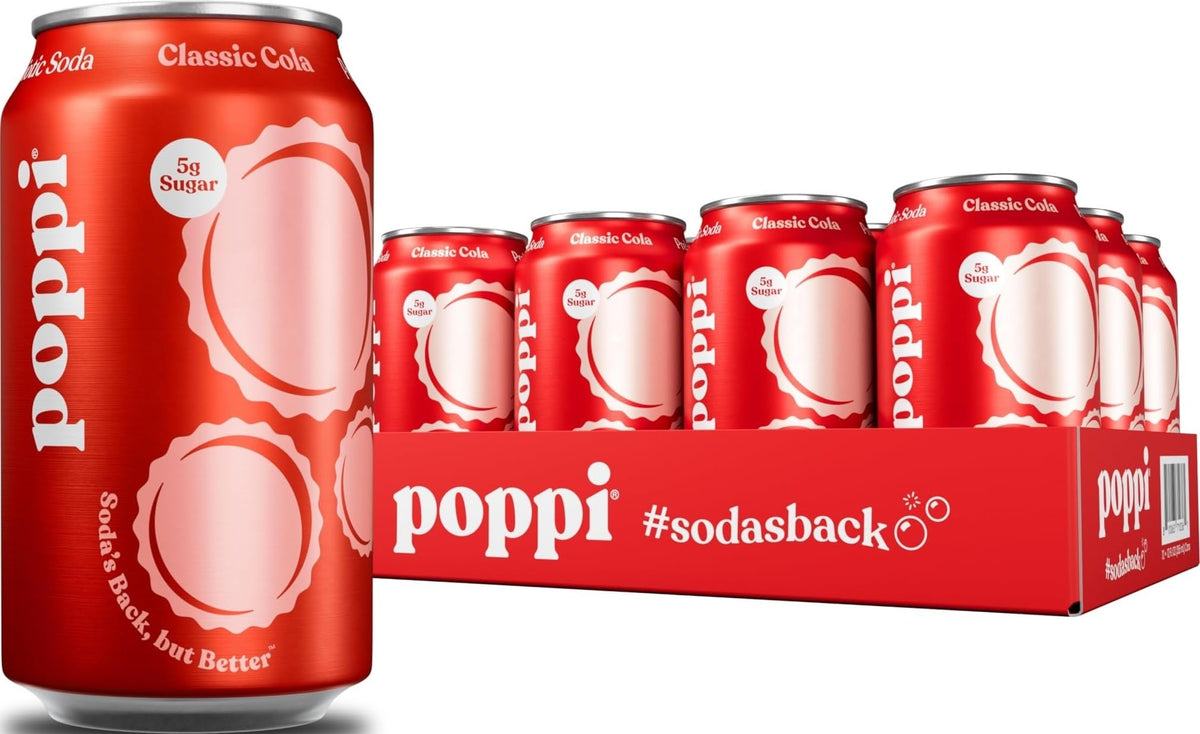 Poppi lata frontal mostrando etiqueta y diseño, refresco de bajo azúcar