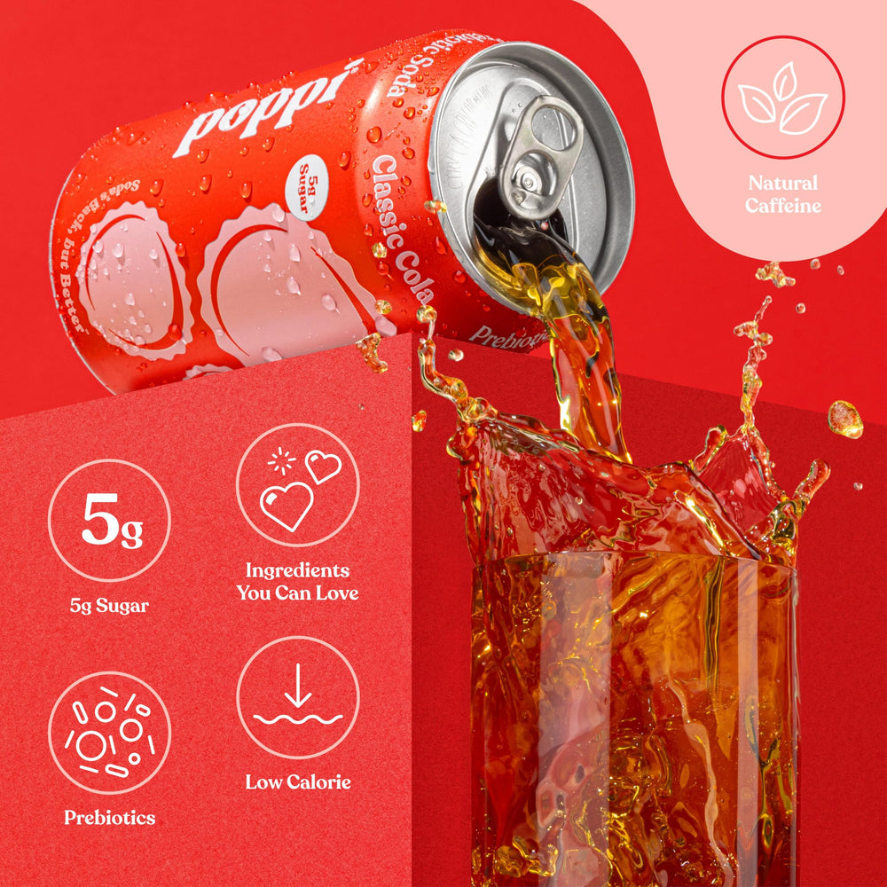 Poppi vertiendo en vaso con hielo, muestra efervescencia y sabor refrescante