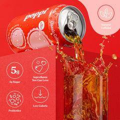 Poppi vertiendo en vaso con hielo, muestra efervescencia y sabor refrescante