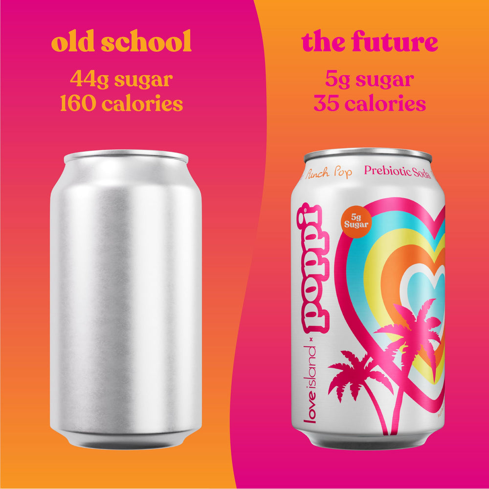 Comparación de tamaño Poppi 12 oz sostenida en mano para referencia de escala