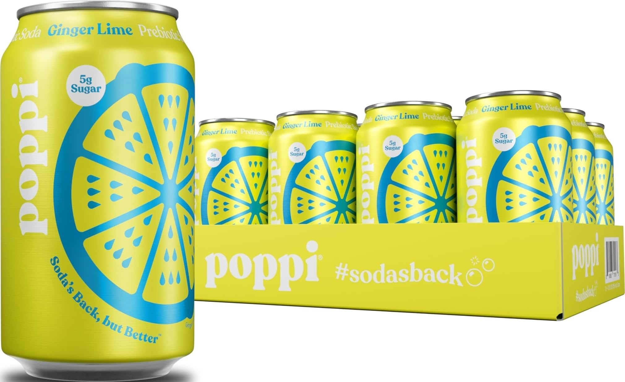 Poppi Ginger Lime frente del pack mostrando 12 latas y refresco inmediato
