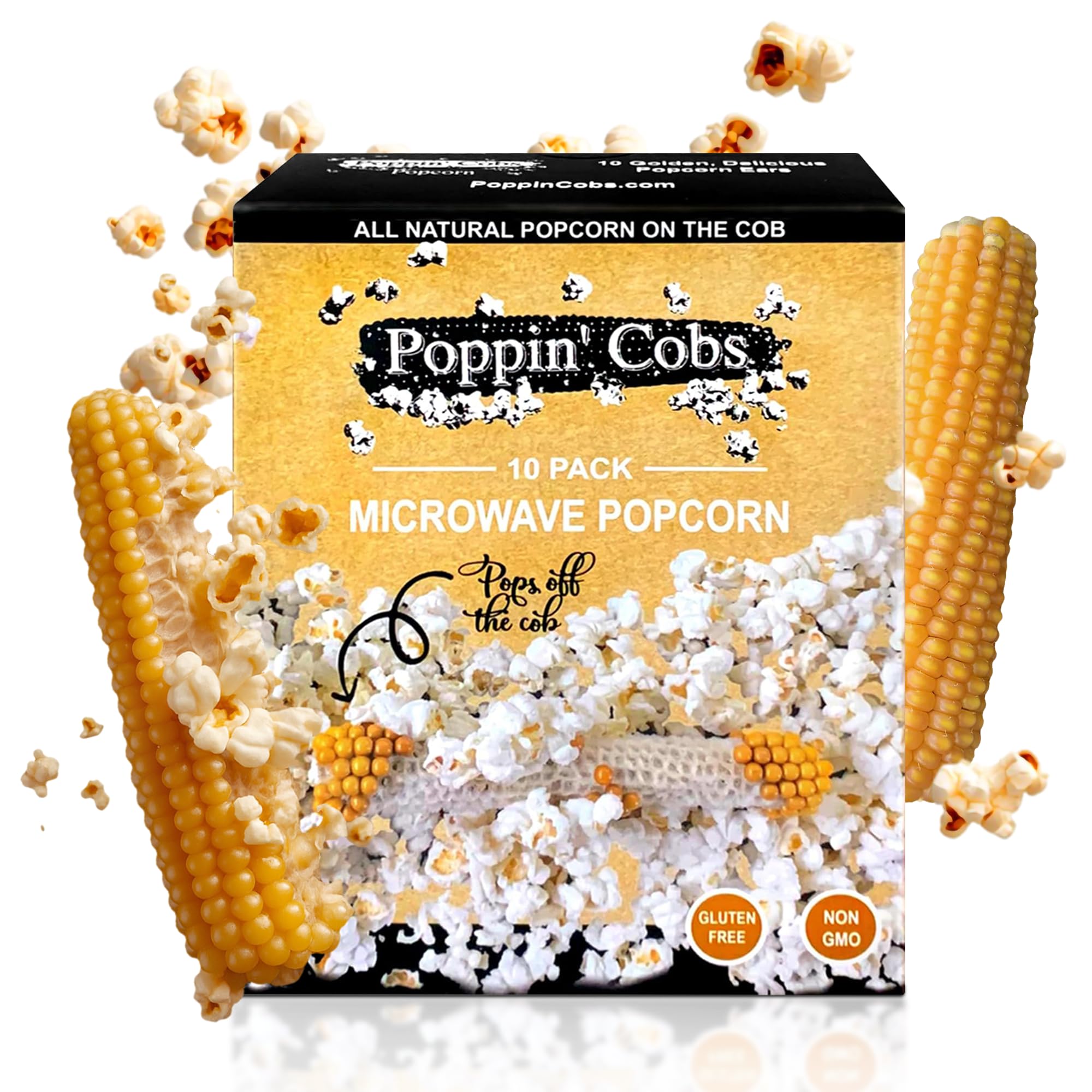 Poppin' Cobs frente del empaque mostrando 10 mazorcas y beneficio de porciones individuales