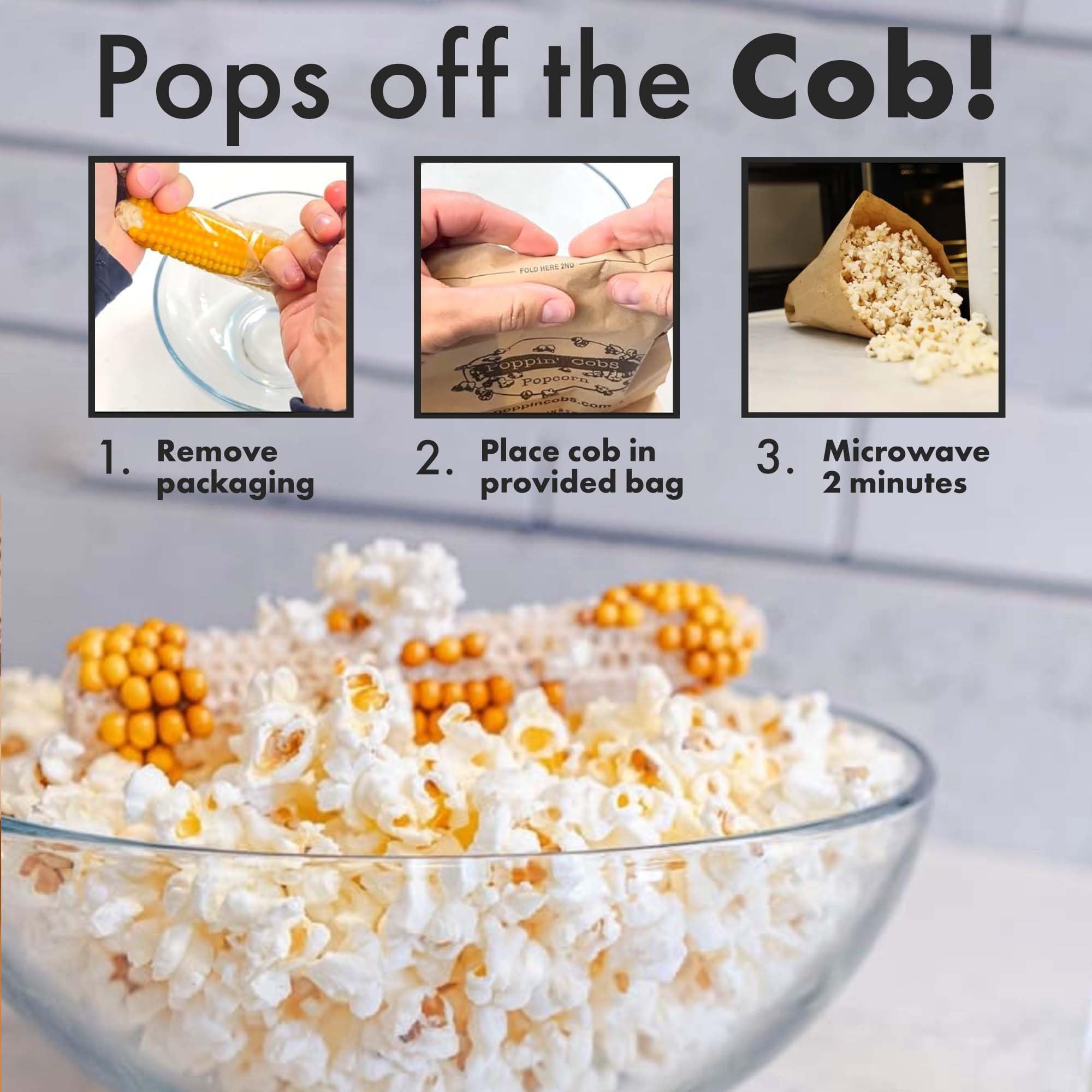 Poppin' Cobs palomitas servidas en plato, aspecto esponjoso y snack saludable