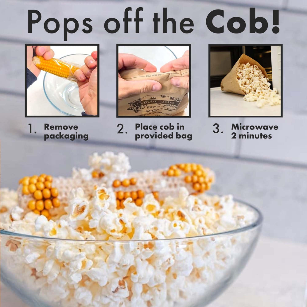 Poppin' Cobs palomitas servidas en plato, aspecto esponjoso y snack saludable