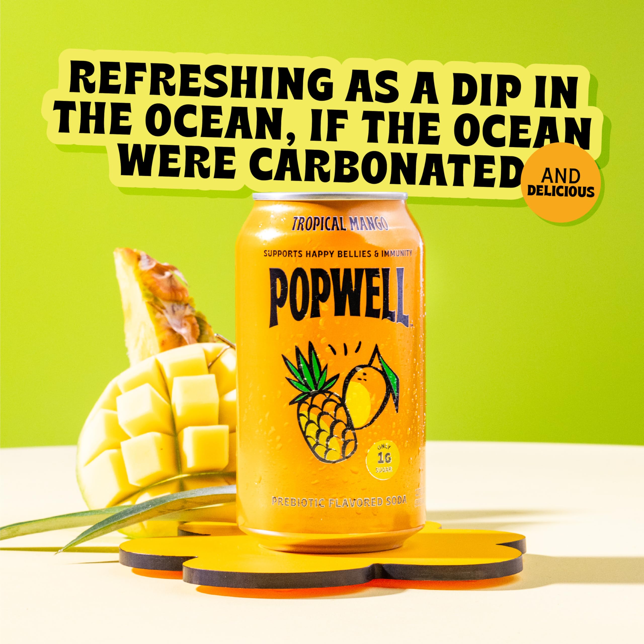 Popwell Tropical Mango primer plano de espuma y burbujas beneficios refrescantes